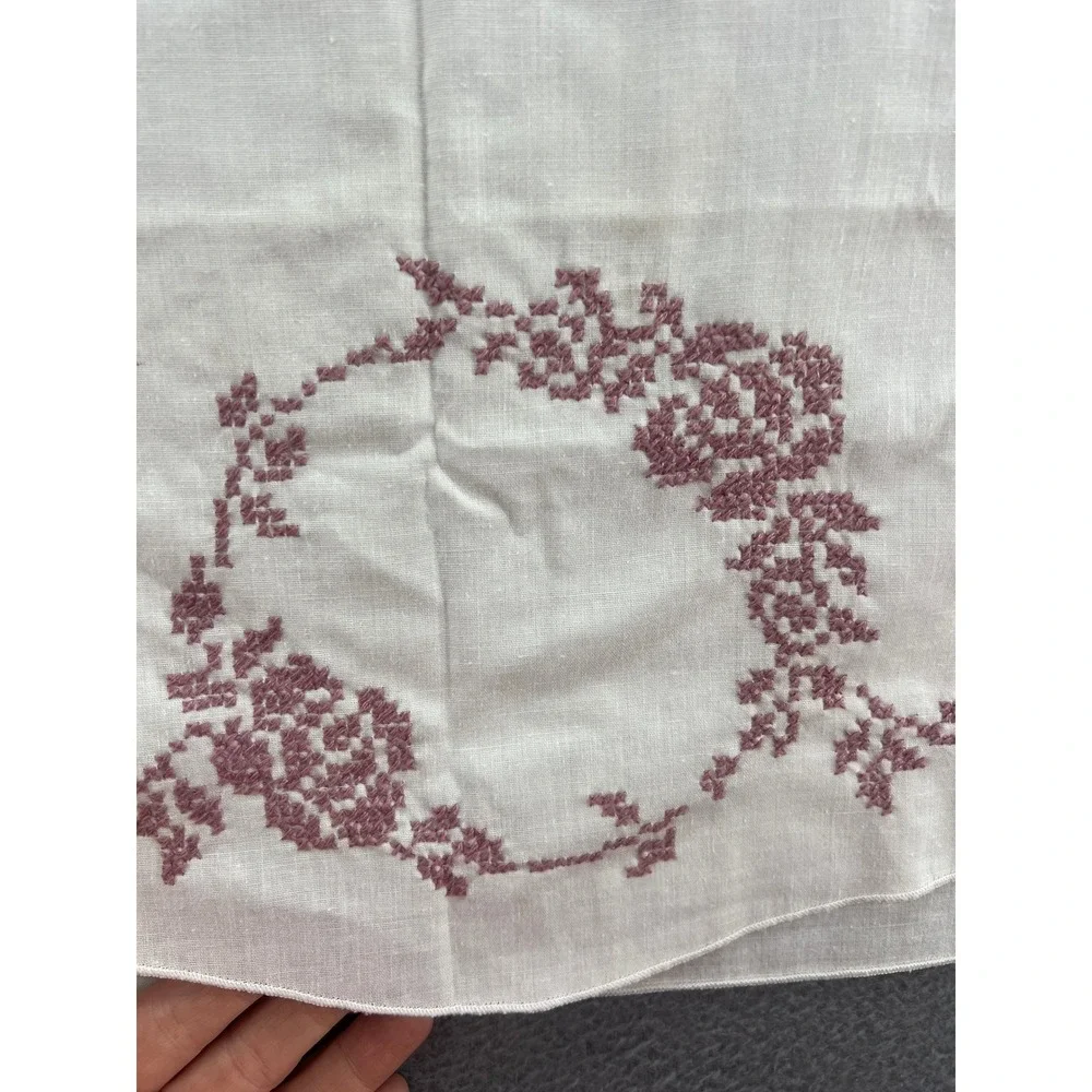 Vintage Hand Embroidered Cross Stitch Linen Pillowcase Set 2 Mauve Floral White